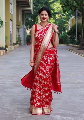 Red Woven Silk Blend Saree Set