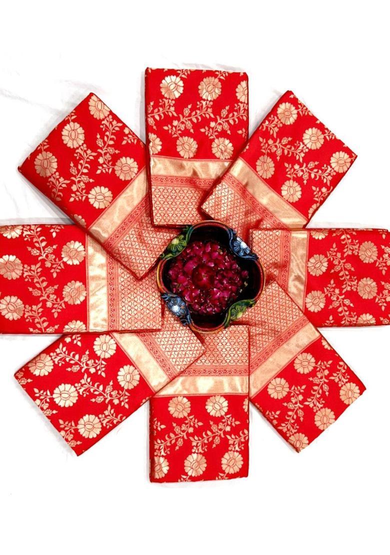 Red Woven Silk Blend Saree Set - Indya