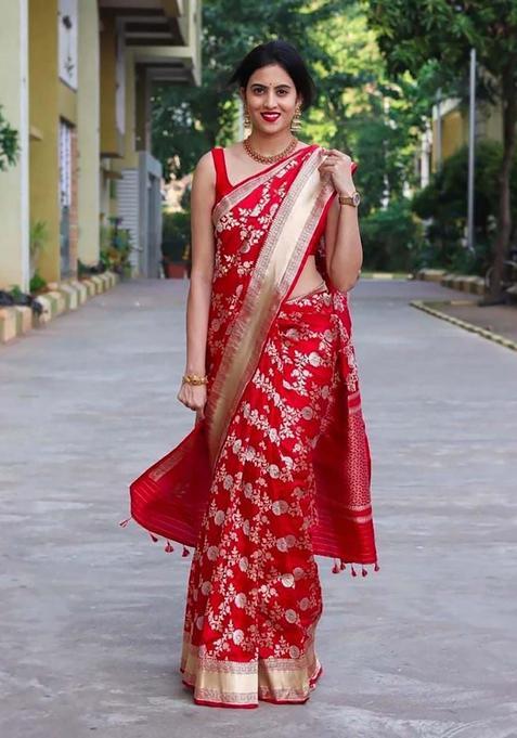 Red Woven Silk Saree Set