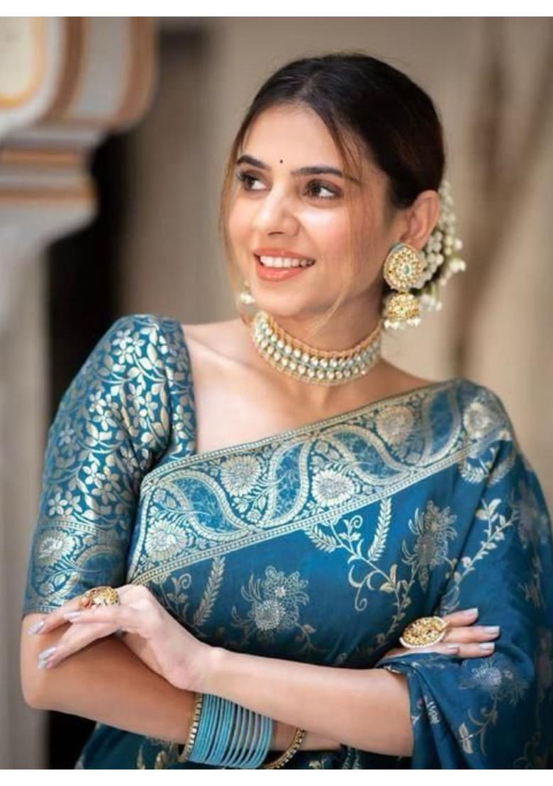 Blue Woven Jacquard Saree Set - Indya