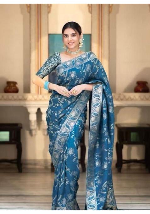 Blue Woven Jacquard Saree Set