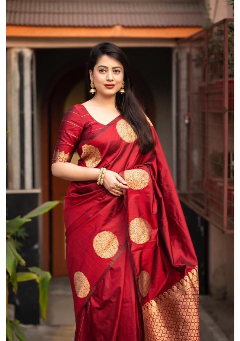 Maroon Woven Jacquard Saree Set - Indya