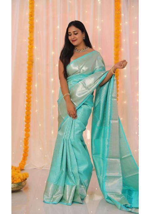 Blue Woven Jacquard Saree Set