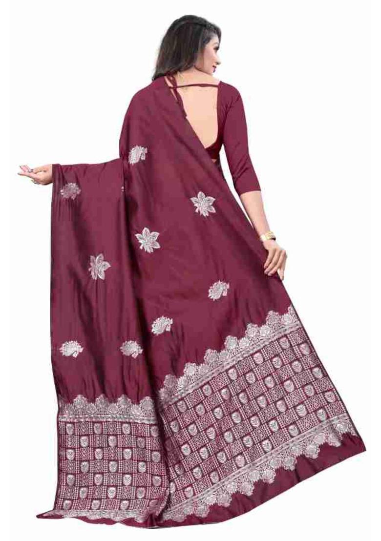 Burgundy Woven Silk Blend Saree Set - Indya