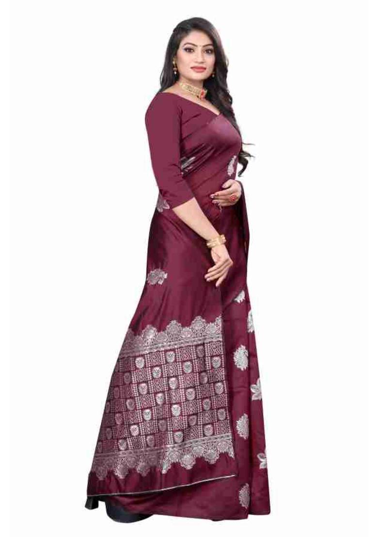 Burgundy Woven Silk Blend Saree Set - Indya