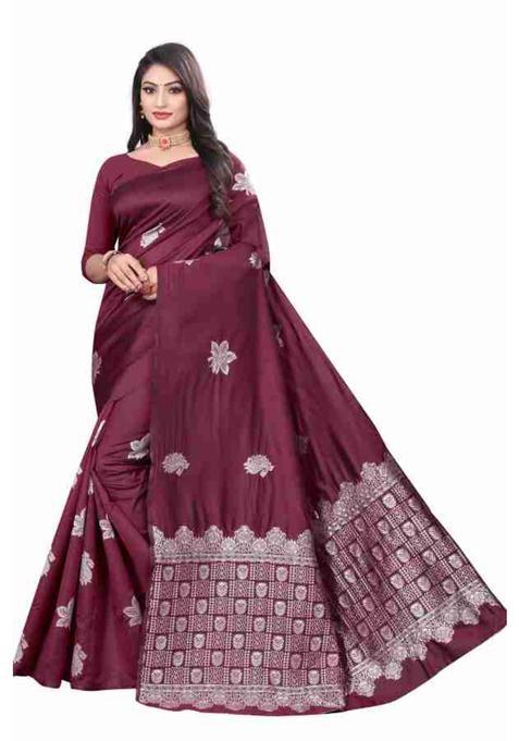 Burgundy Woven Silk Blend Saree Set