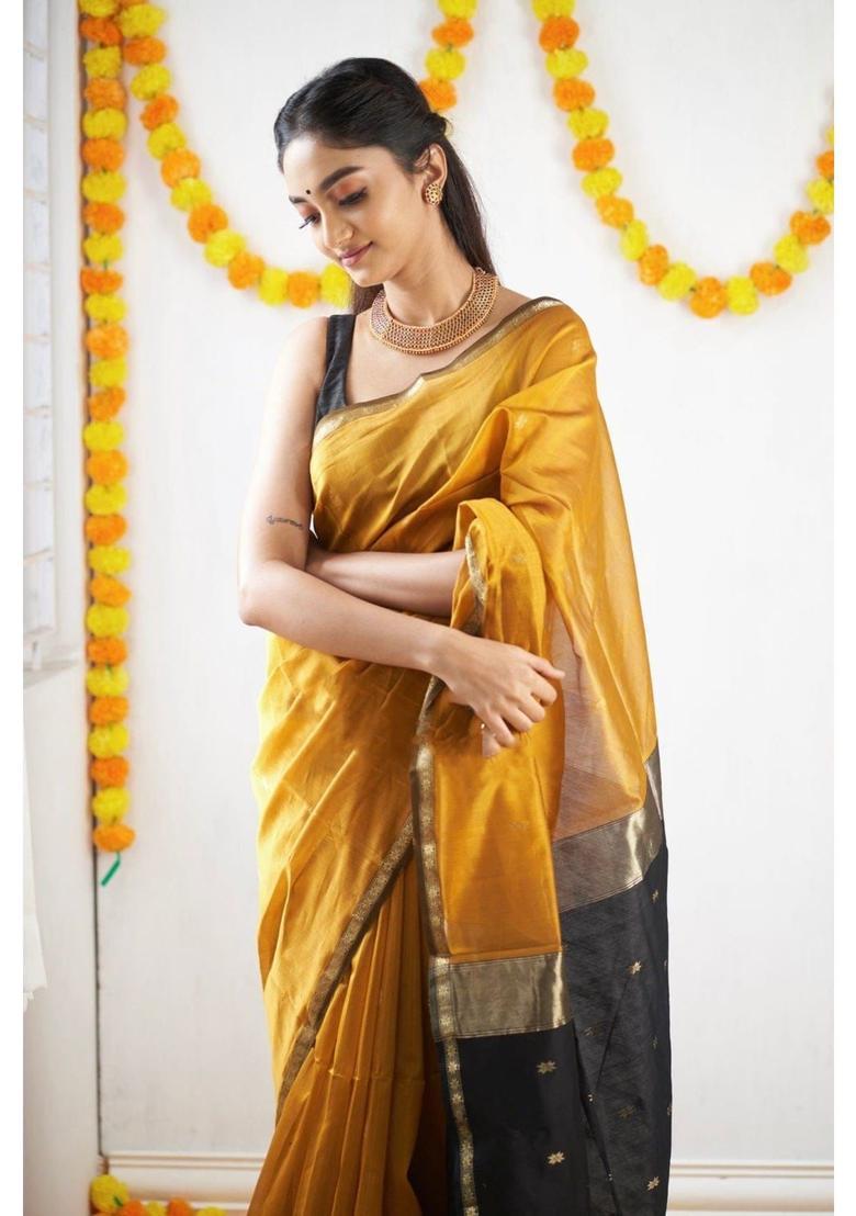 Mustard Woven Jacquard Saree Set - Indya