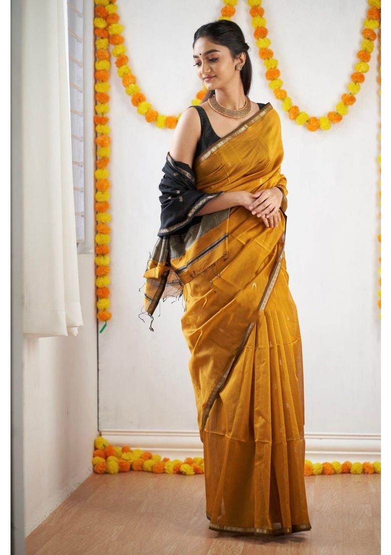 Mustard Woven Jacquard Saree Set - Indya