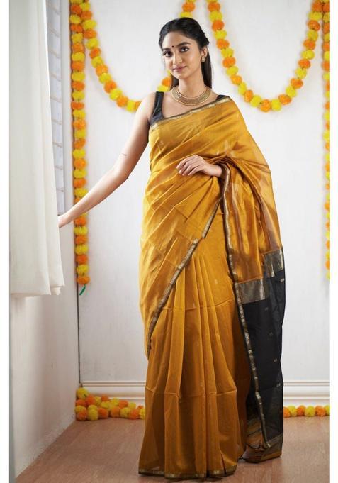 Mustard Woven Jacquard Saree Set