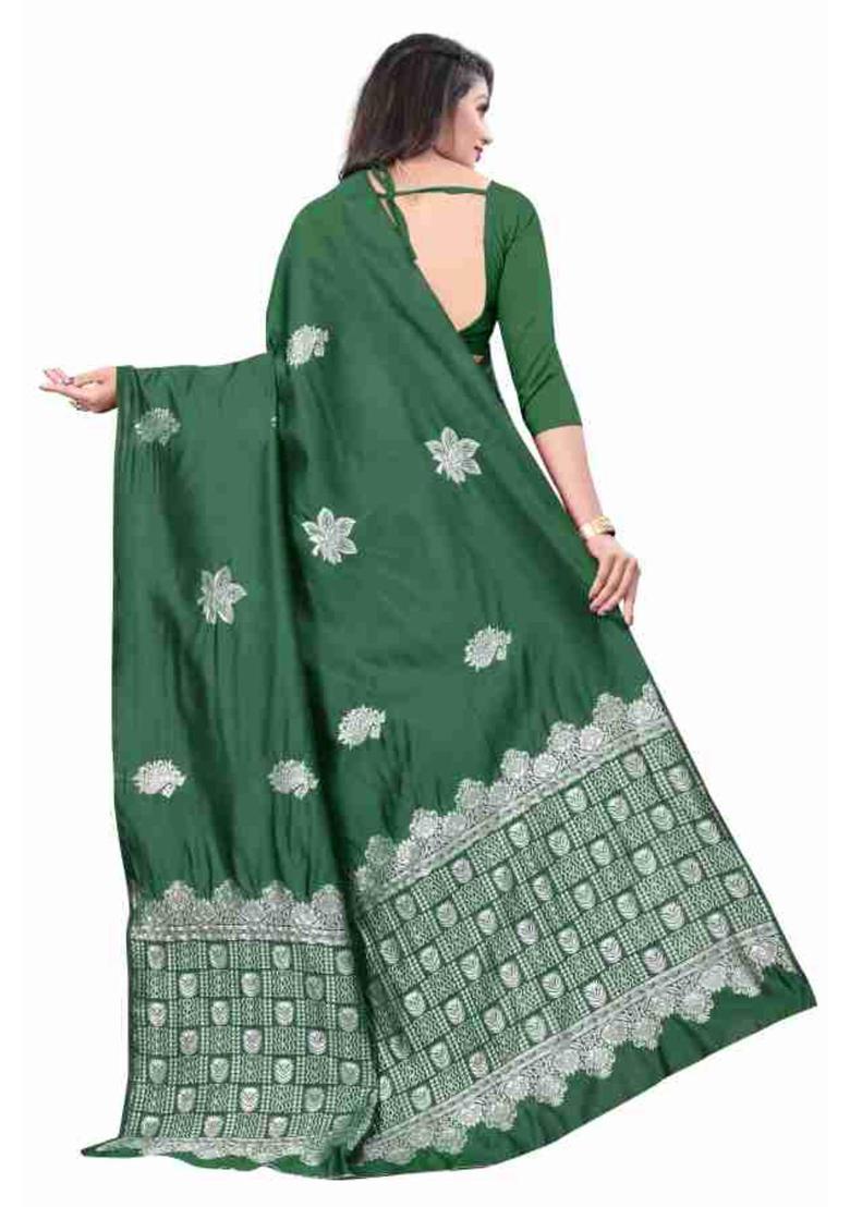 Green Woven Silk Blend Saree Set - Indya
