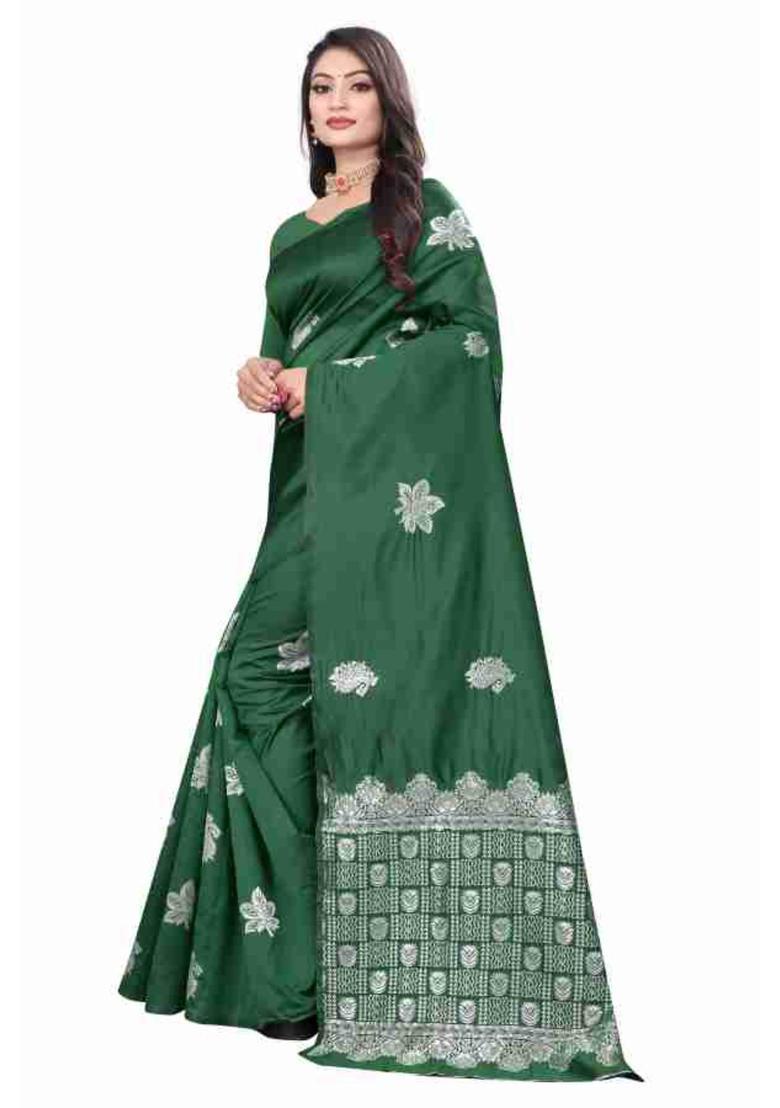Green Woven Silk Blend Saree Set - Indya