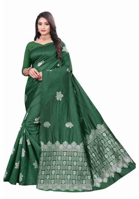 Green Woven Silk Blend Saree Set