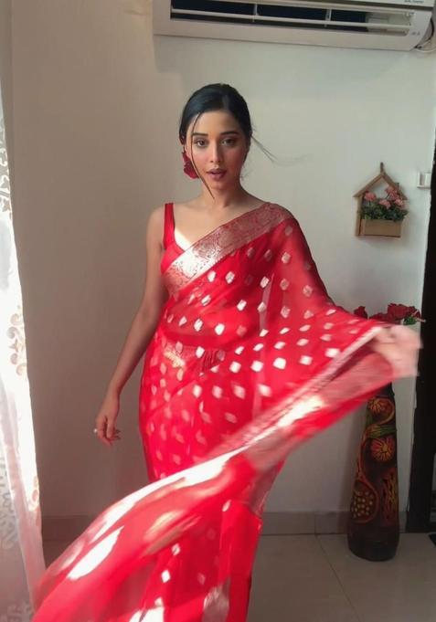 Red Woven Jacquard Saree Set
