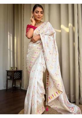 Cream Woven Jacquard Saree Set