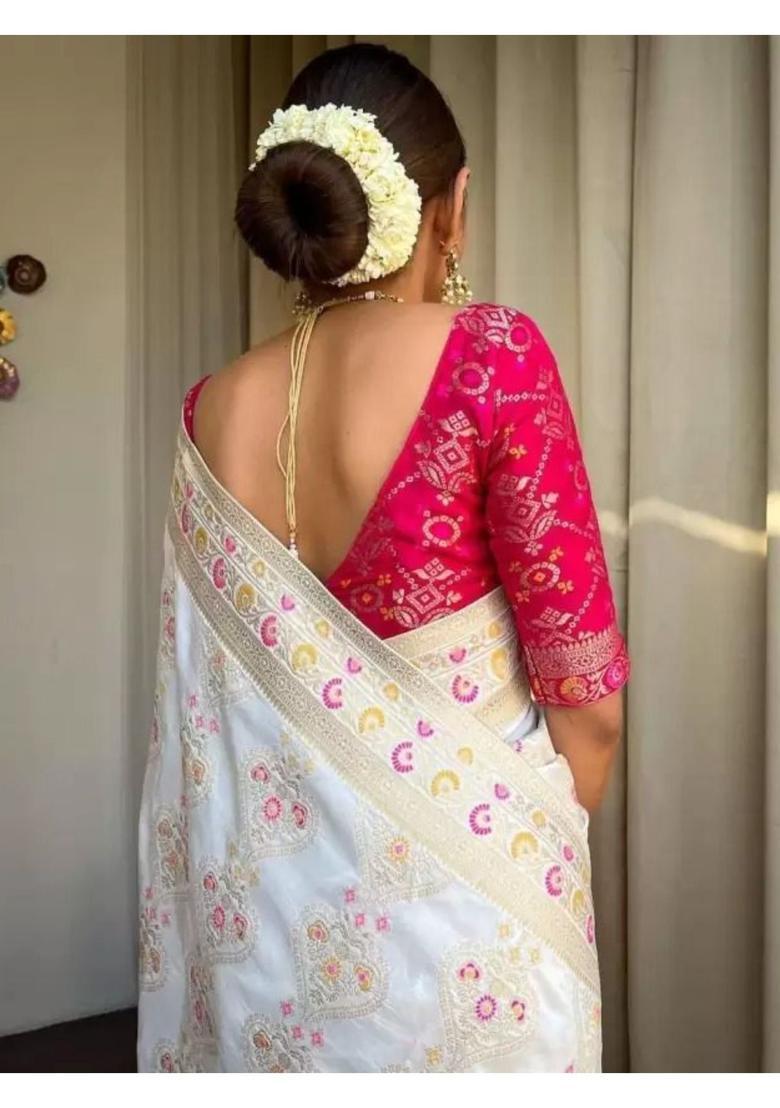 Cream Woven Jacquard Saree Set - Indya