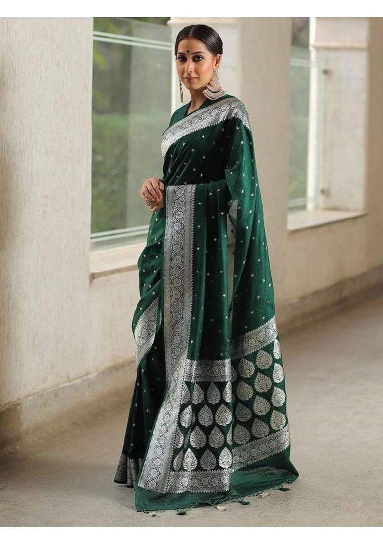 Green Woven Jacquard Saree Set - Indya