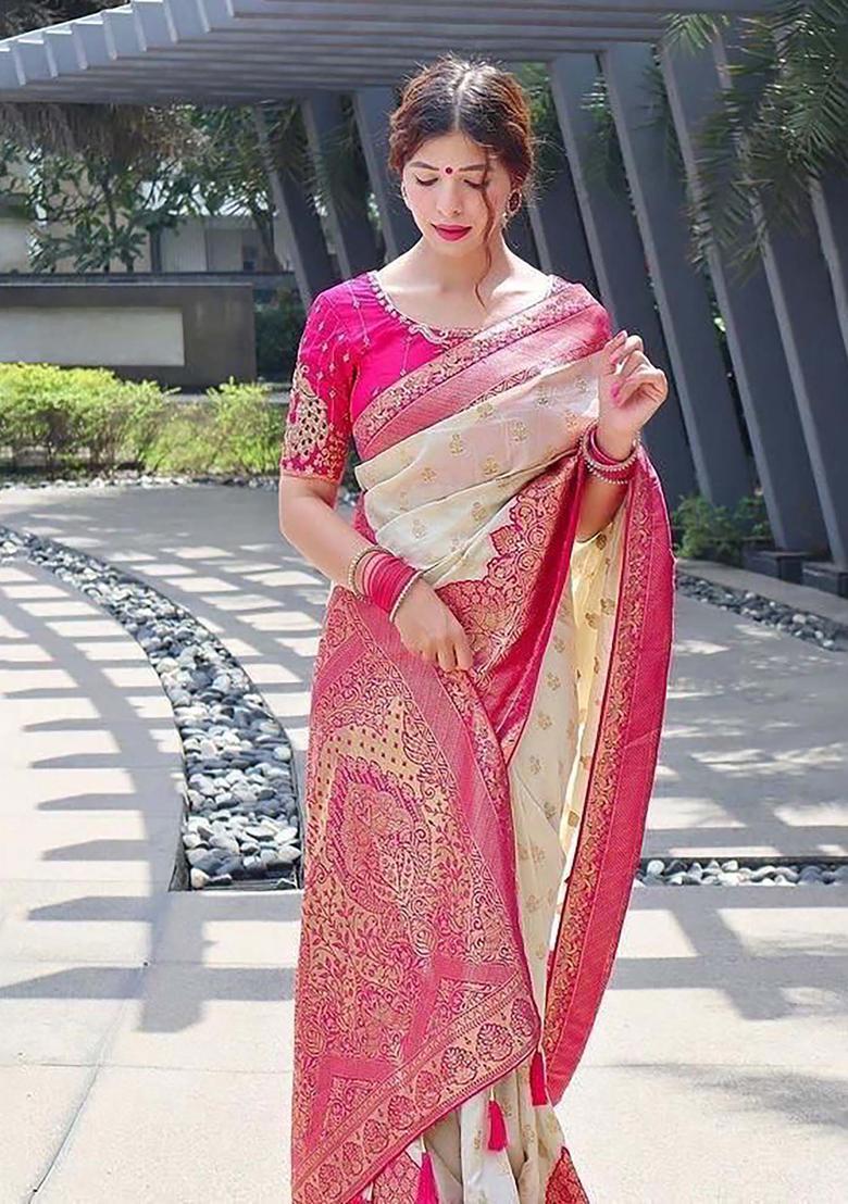 Cream Woven Jacquard Saree Set - Indya