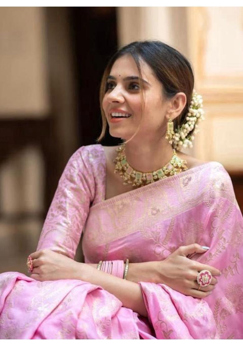 Pink Woven Jacquard Saree Set - Indya
