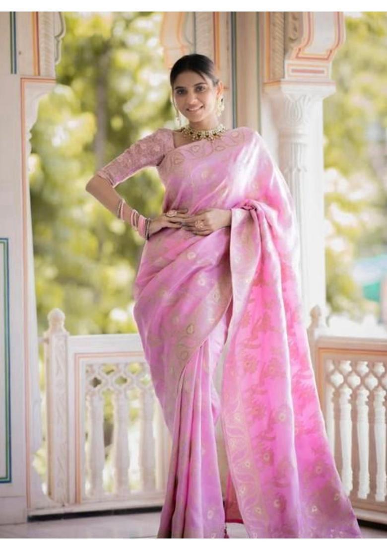 Pink Woven Jacquard Saree Set - Indya