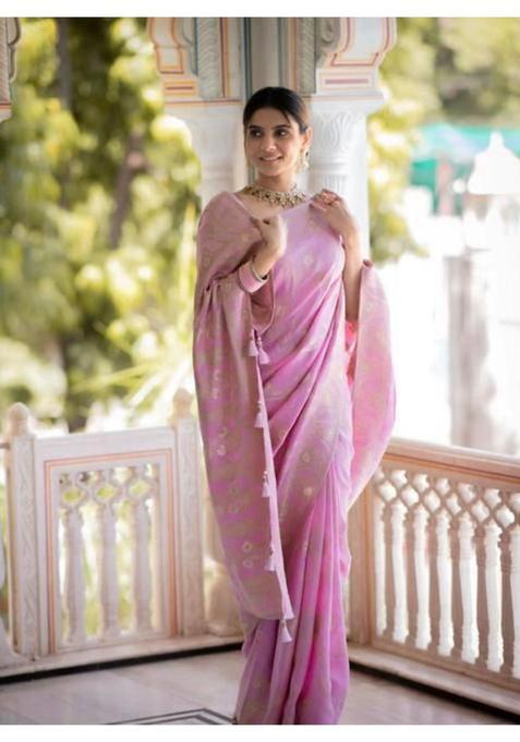 Pink Woven Jacquard Saree Set