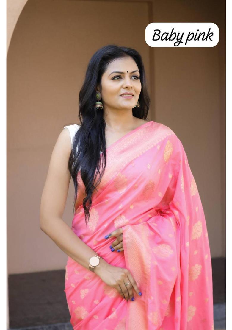 Pink Woven Silk Blend Saree Set - Indya