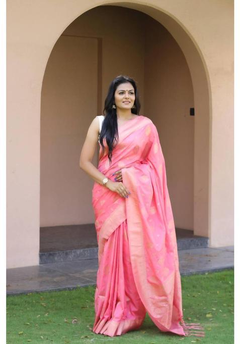 Pink Woven Silk Blend Saree Set