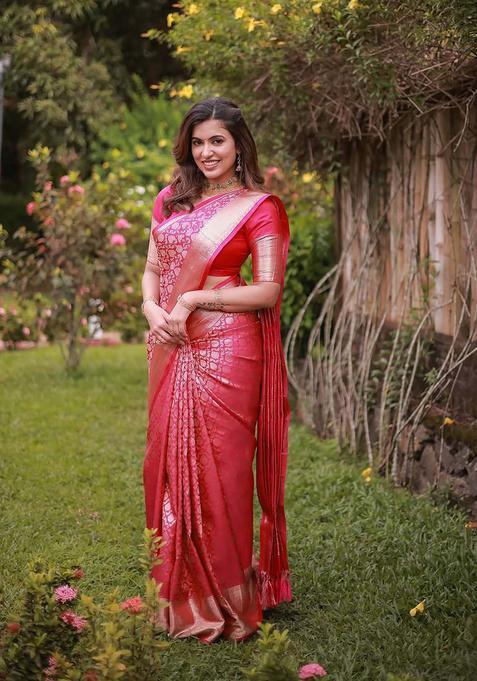 Pink Woven Jacquard Saree Set