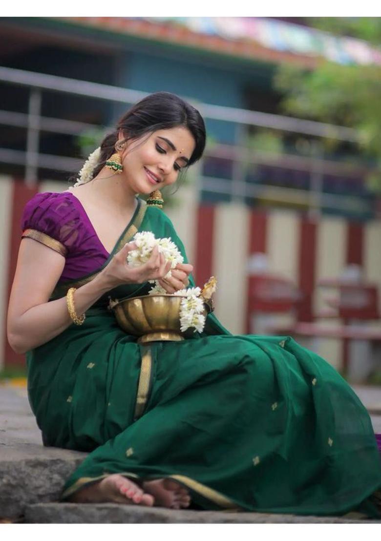 Green Printed Jacquard Saree Set - Indya