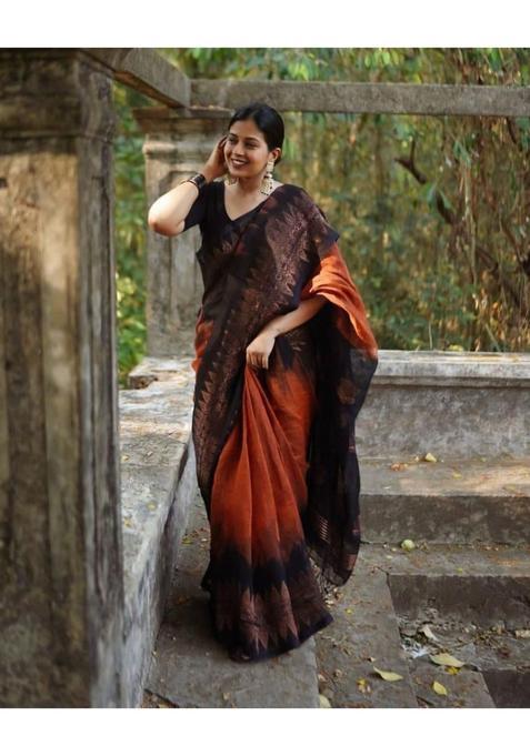 Brown Woven Jacquard Saree Set