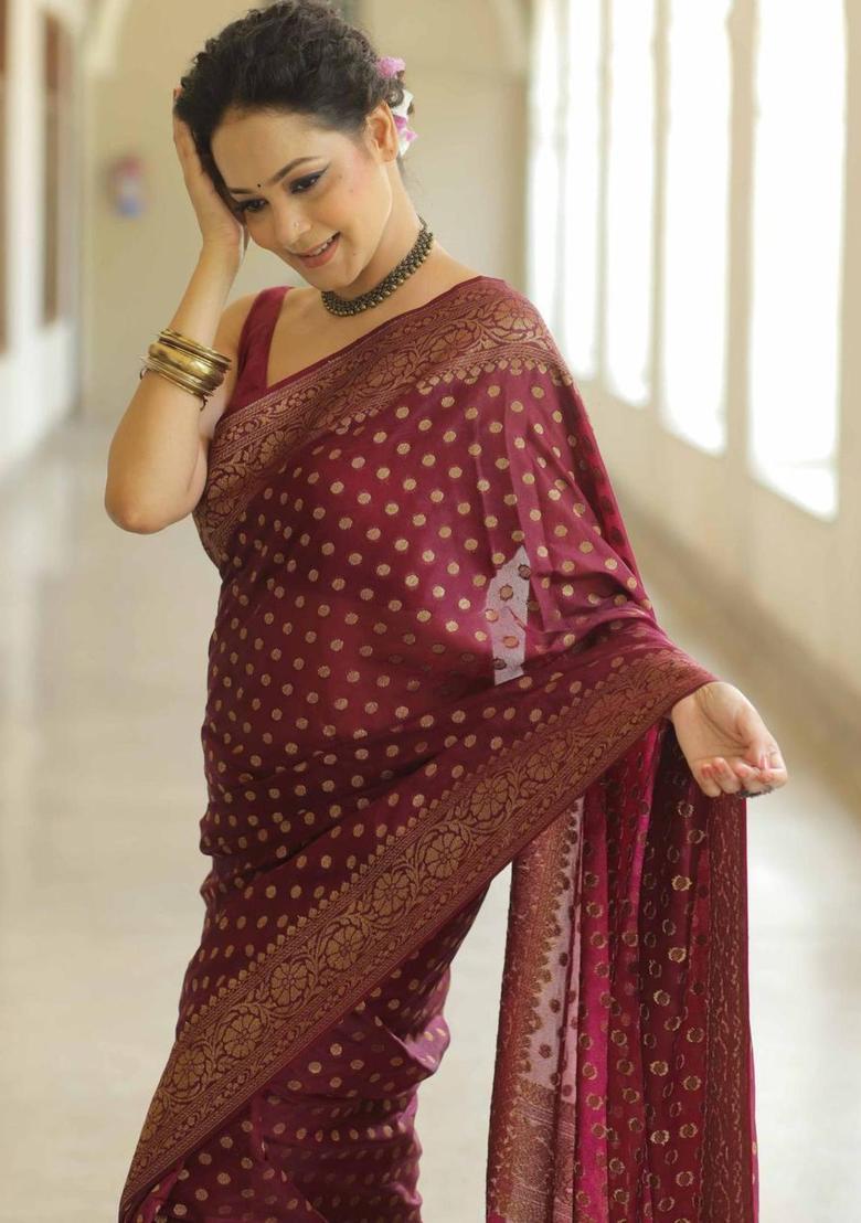Maroon Woven Jacquard Saree Set - Indya