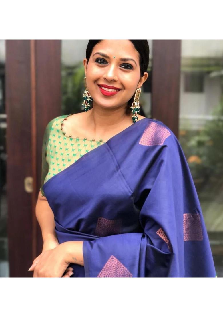 Blue Woven Silk Blend Saree Set - Indya
