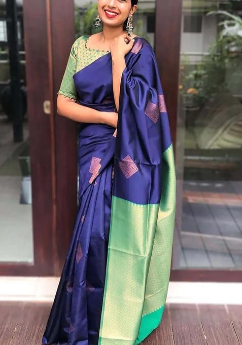 Blue Woven Silk Blend Saree Set