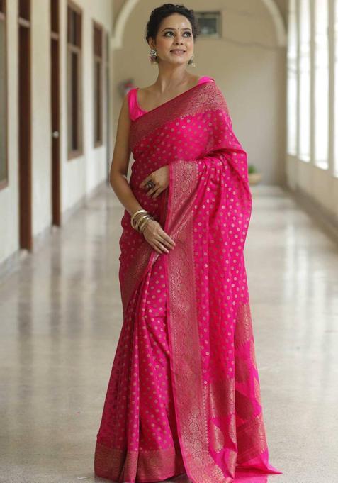 Pink Woven Jacquard Saree Set