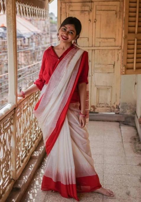 White Solid Silk Saree Set