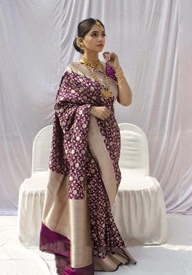 Purple Woven Silk Blend Saree Set