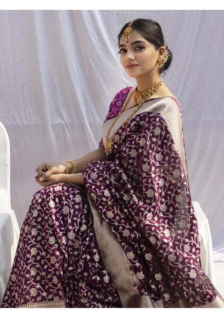 Purple Woven Silk Blend Saree Set - Indya