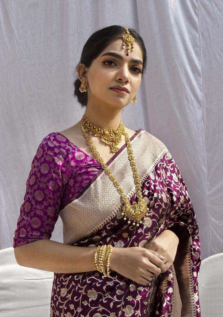 Purple Woven Silk Blend Saree Set for Diwali and Festive Wear - Indya
