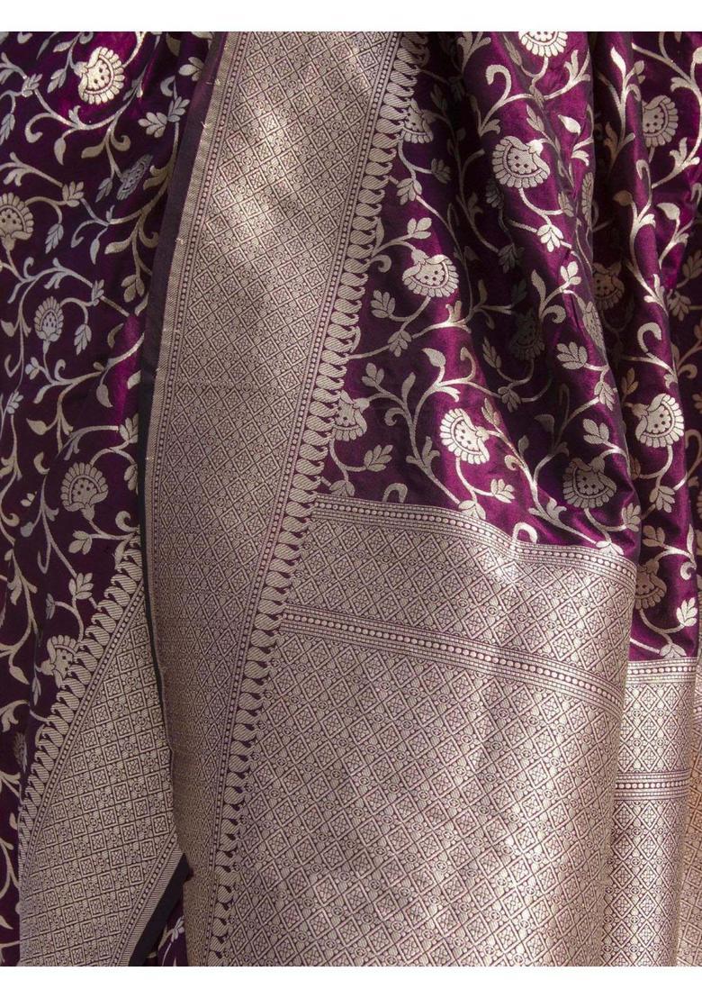Purple Woven Silk Blend Saree Set - Indya