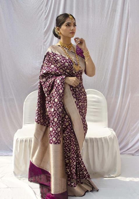 Purple Woven Silk Blend Saree Set