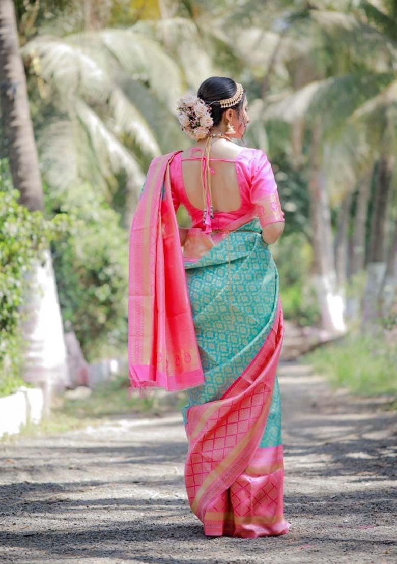 Blue Woven Jacquard Saree Set - Indya