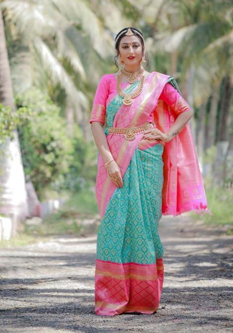 Blue Woven Jacquard Saree Set