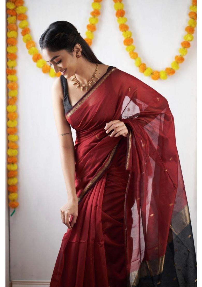 Maroon Woven Jacquard Saree Set - Indya
