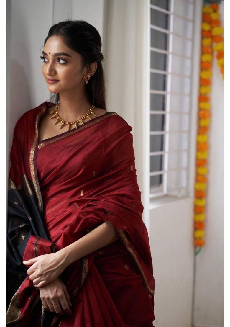 Maroon Woven Jacquard Saree Set - Indya