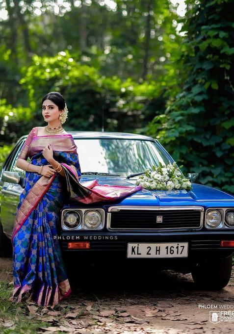 Blue Woven Silk Blend Saree Set