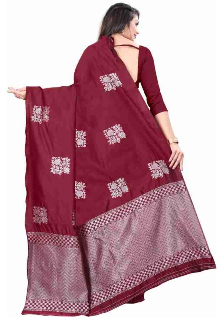 Maroon Woven Silk Blend Saree Set - Indya