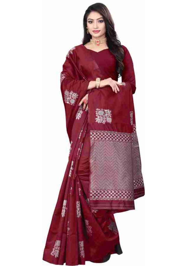 Maroon Woven Silk Blend Saree Set - Indya