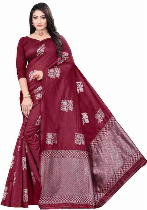 Maroon Woven Silk Blend Saree Set