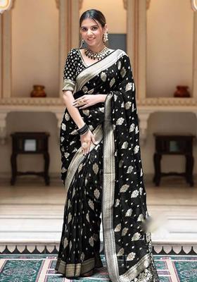 Black Woven Silk Blend Saree Set