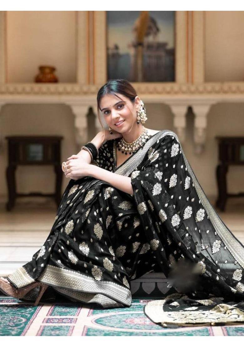 Black Woven Silk Blend Saree Set - Indya