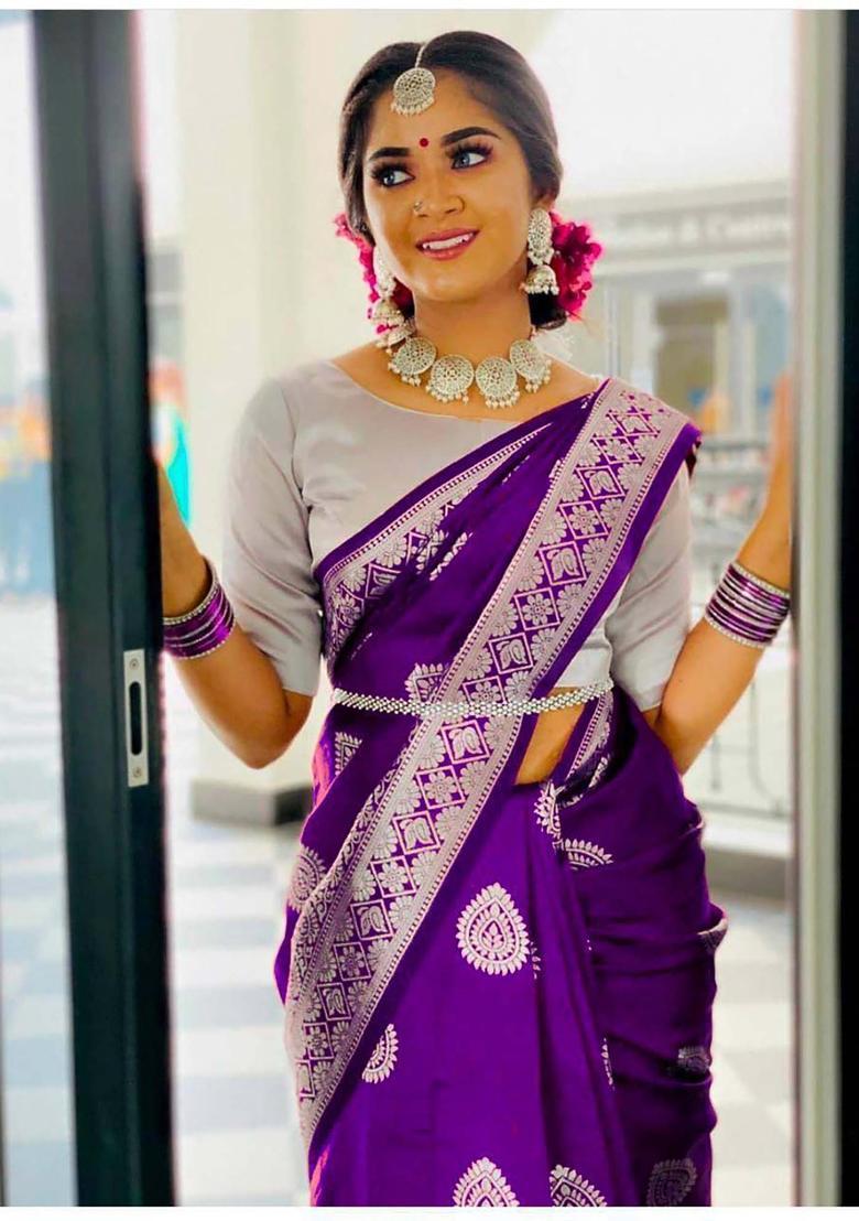 Purple Woven Jacquard Saree Set - Indya